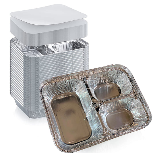 Disposable Aluminum Foil Tray with Paper Board Lids (Pack of 20 sets) – 3 Compartment Foil Pan