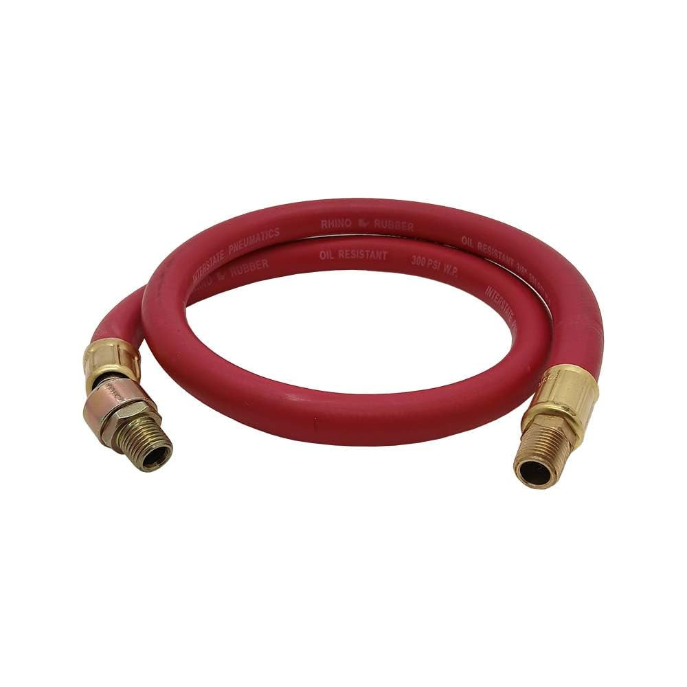 Red Rubber Air Hose Whip 3' Long 1/4" I.D. with 1/4" Male Ball Swivel