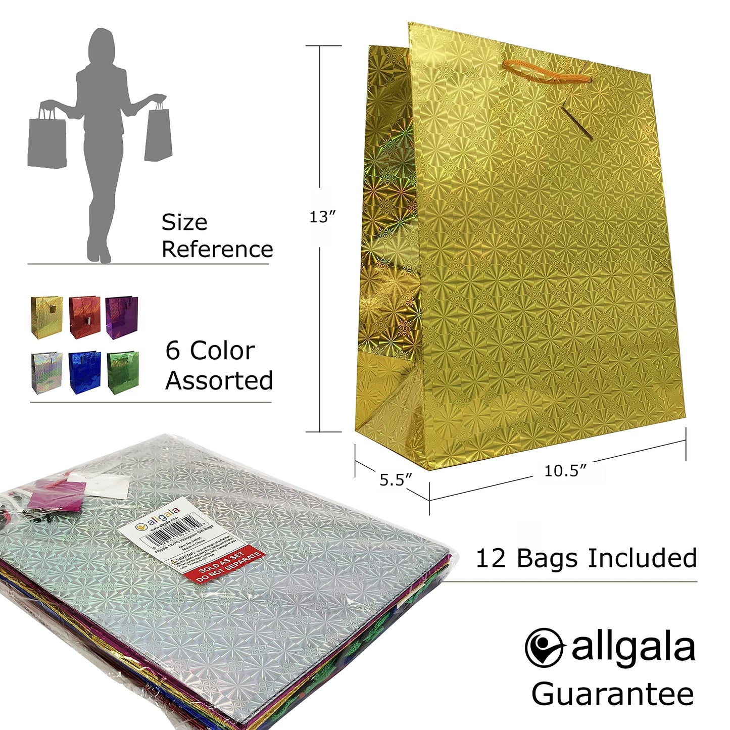 allgala 12-PK Hologram Gift Bags, Various Size