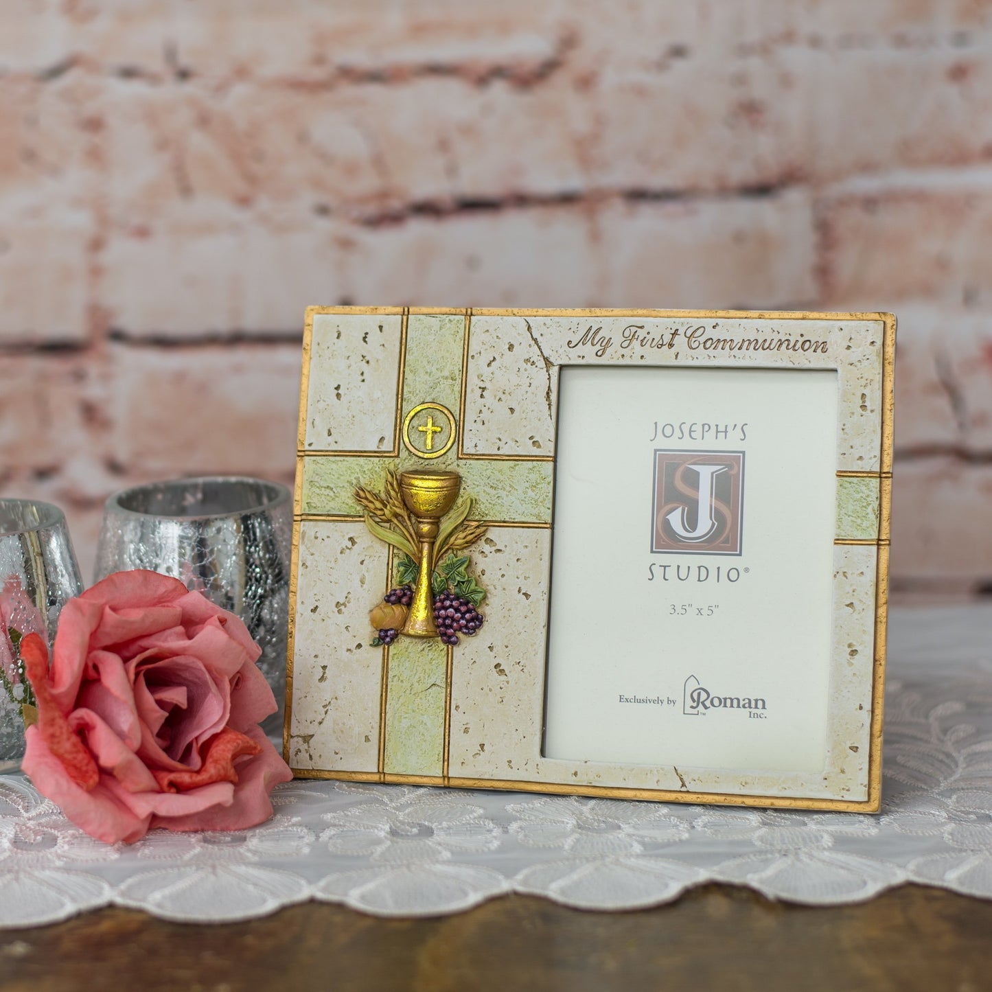 Roman Joseph's Studio Inc., My First Communion Frame for 3.5" x 5" Photo, First Communion Collection, Vertical Tabletop or Desk Display - 7.5" H, Resin and Stone, Decorative