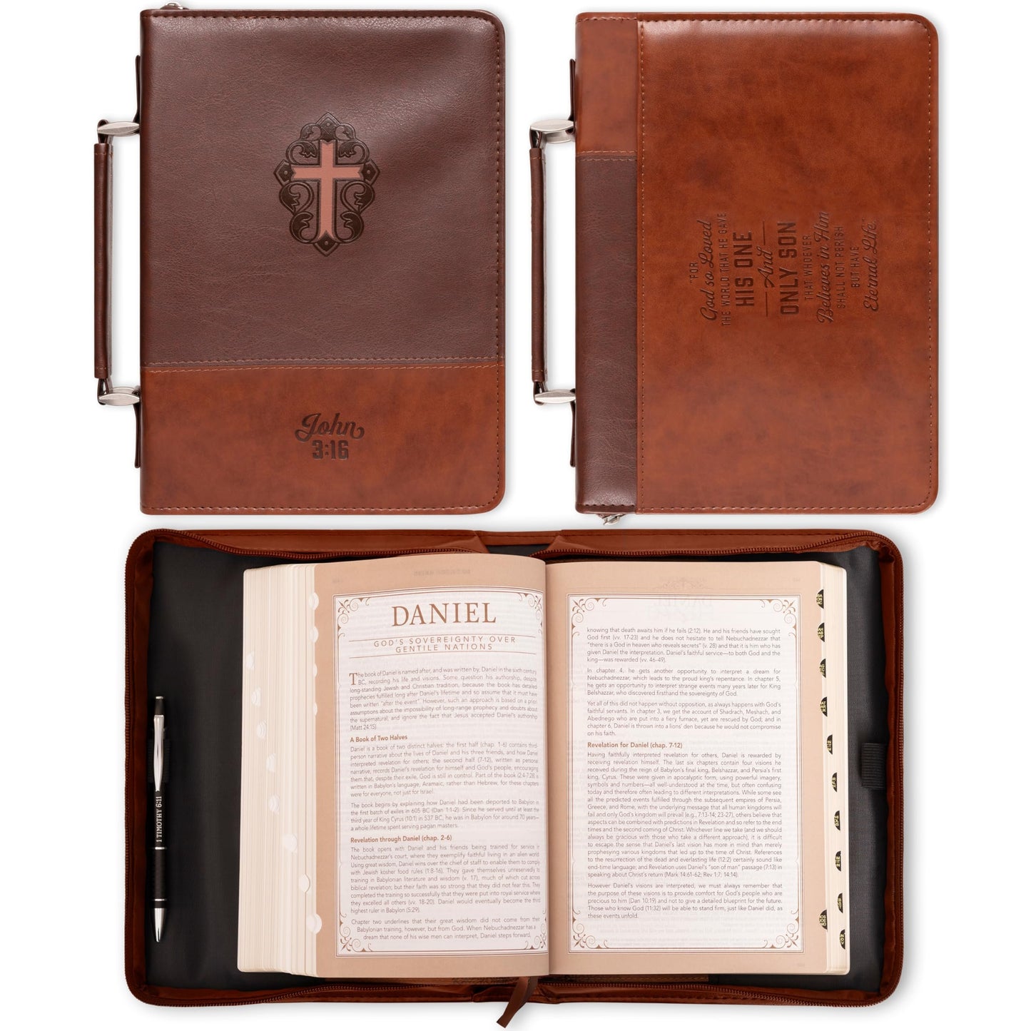 Christian Art Gifts Men's Classic Bible Cover Cross John 3:16, Brown Faux Leather