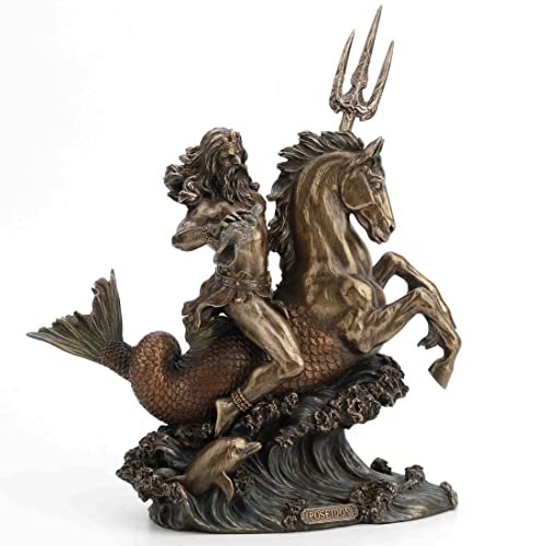 Veronese Design Poseidon Riding Hippocampus with Trident Resin Statue Bronze Finish