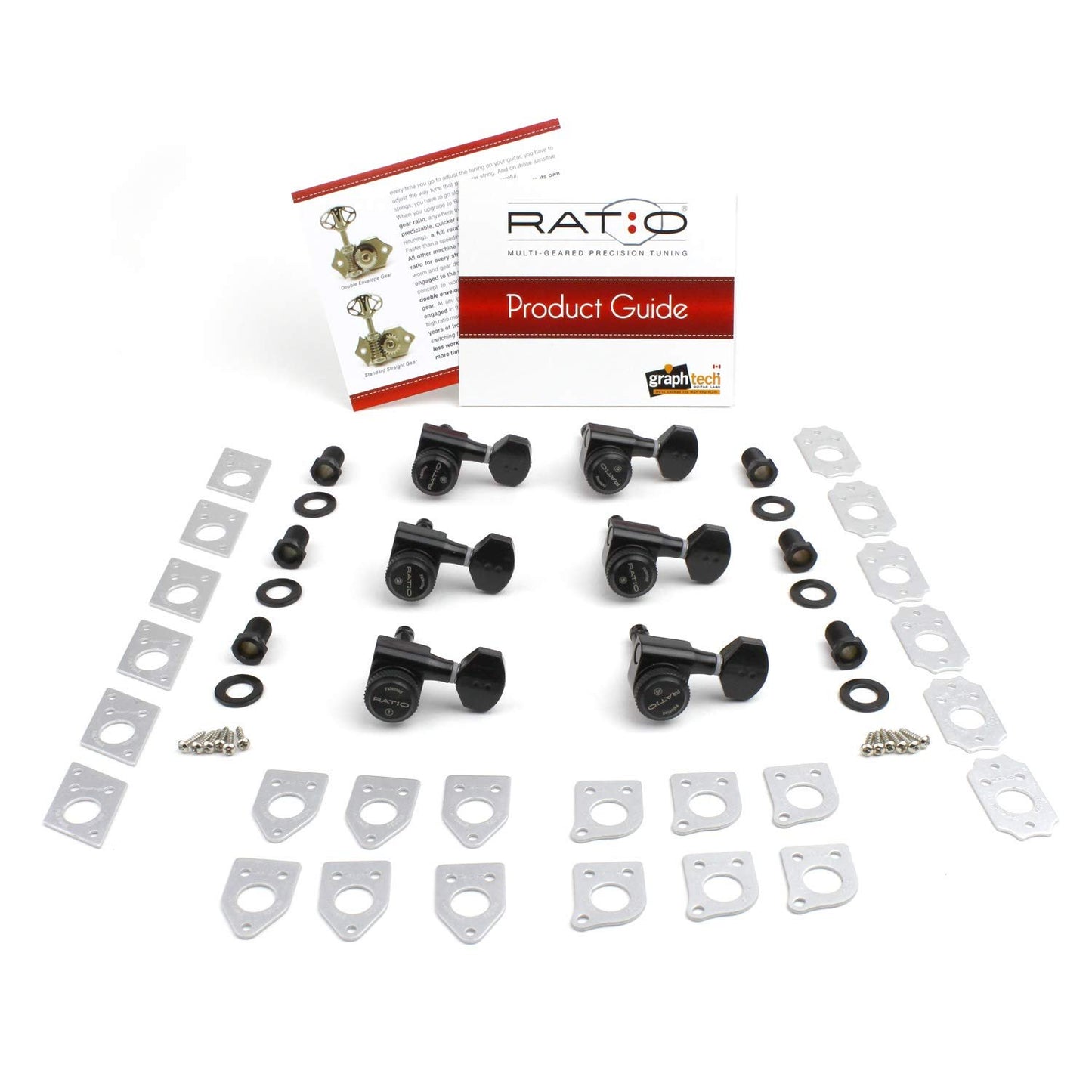 Ratio Locking Guitar Tuners – 6-in-Line – 39:1–12:1 Calibrated Gears – Black Chrome – Staggered Posts – Right Hand – InvisoMatch No-Drill Plates Included