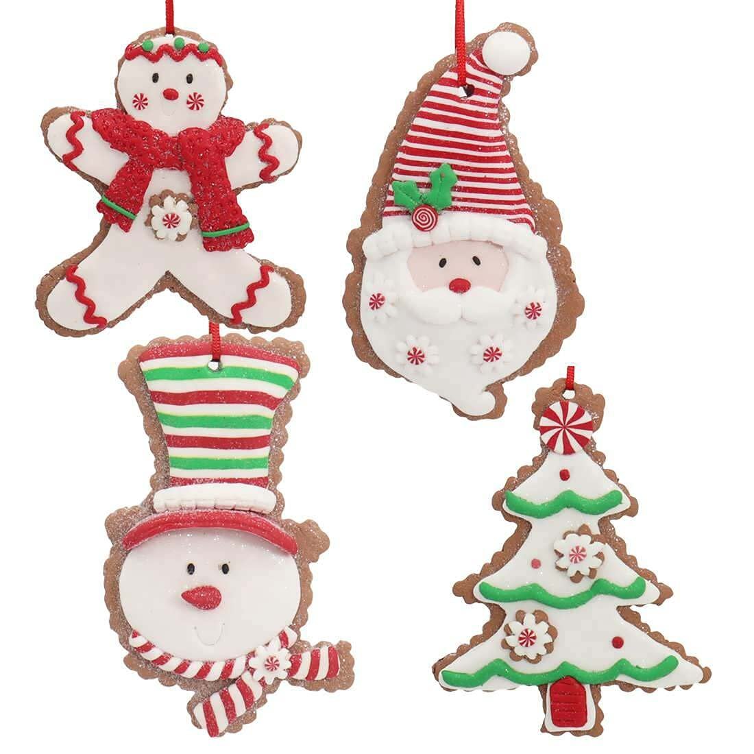 Kurt Adler 4.5" Gingerbread Ornaments Assortment: Snowman, Santa, Boy, Tree - Claydough Material - Christmas
