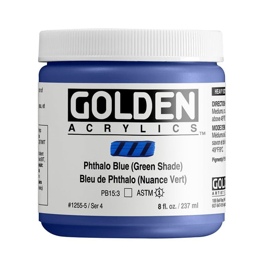 Heavy Body Acrylics by GOLDEN, Phthalo Blue (Green Shade), 8 fl. oz. Jar, Professional Acrylic Paint, Transparent