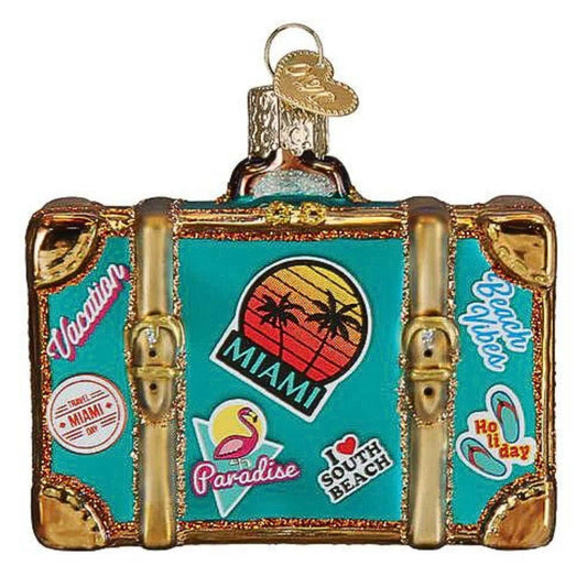 Old World Christmas Miami Suitcase Glass Blown Ornament for Christmas Tree, Handcrafted Holiday Decoration, Travel Collection