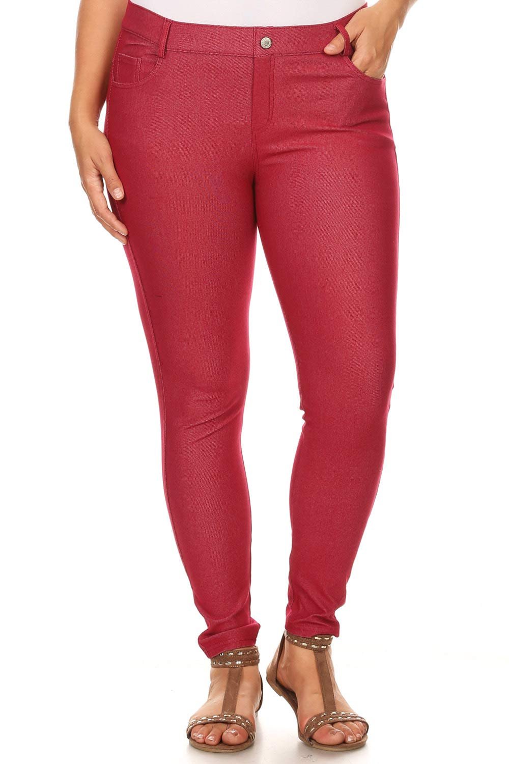 YELETE Women's Full Length Cotton-Blend 5-Pocket Skinny Jeggings Color BURGUNDY Size M