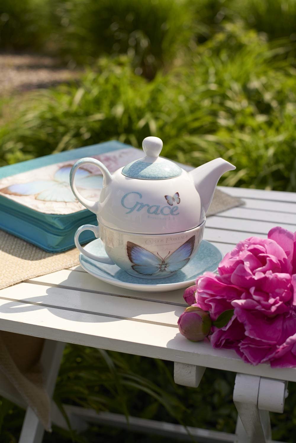 Christian Art Gifts Ceramic 14 oz. Teapot Set for Women: Botanic Butterfly Blessings - Grace Ephesians 2:8 Inspirational Bible Verse, Turquoise Tea For One Set w/8 oz. Cup & Saucer, White & Turquoise