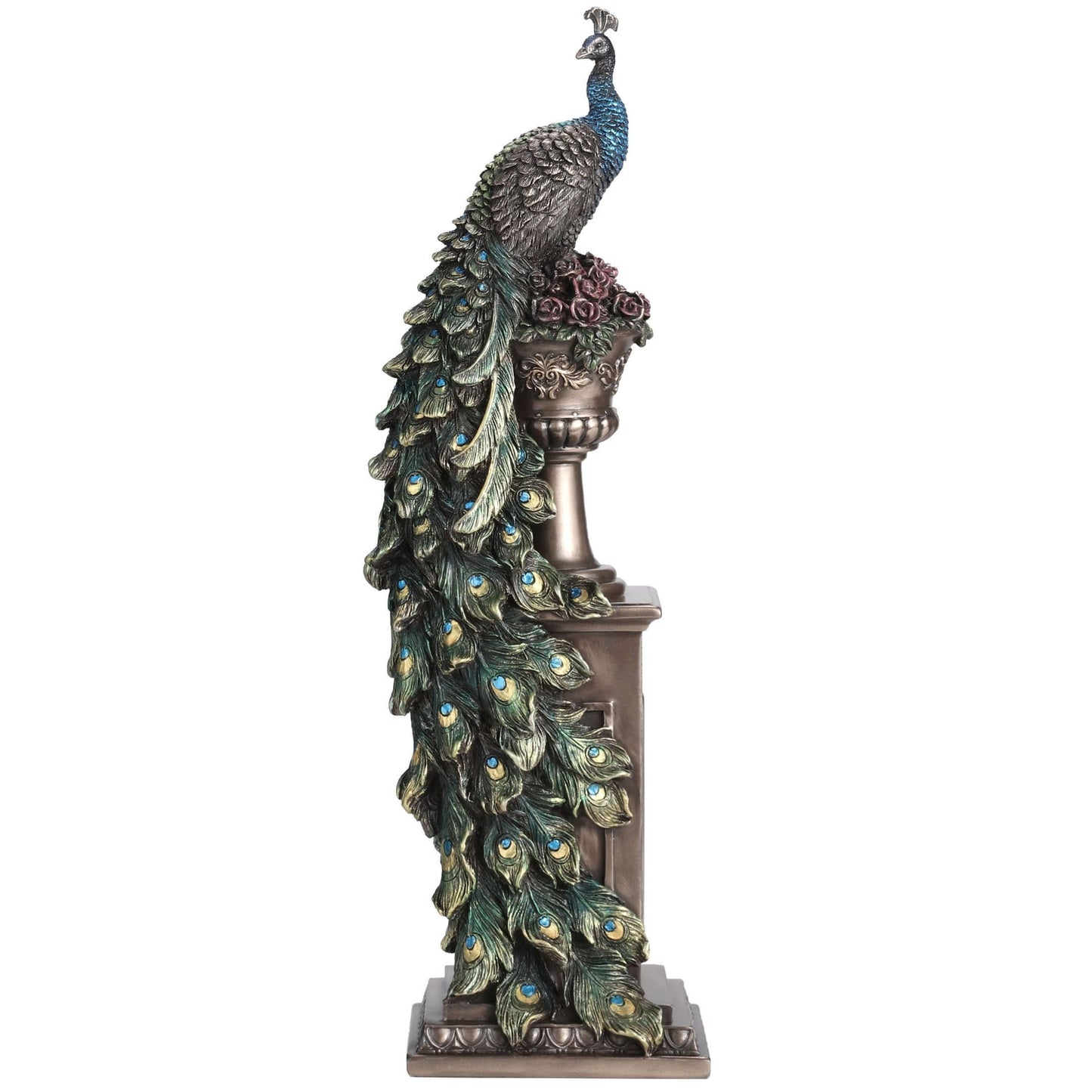 Veronese Design 13 5/8 Inch Peacock Perching On Column Vase Cold Cast Resin Bronze Finish Sculpture Animal Home Decor Statue
