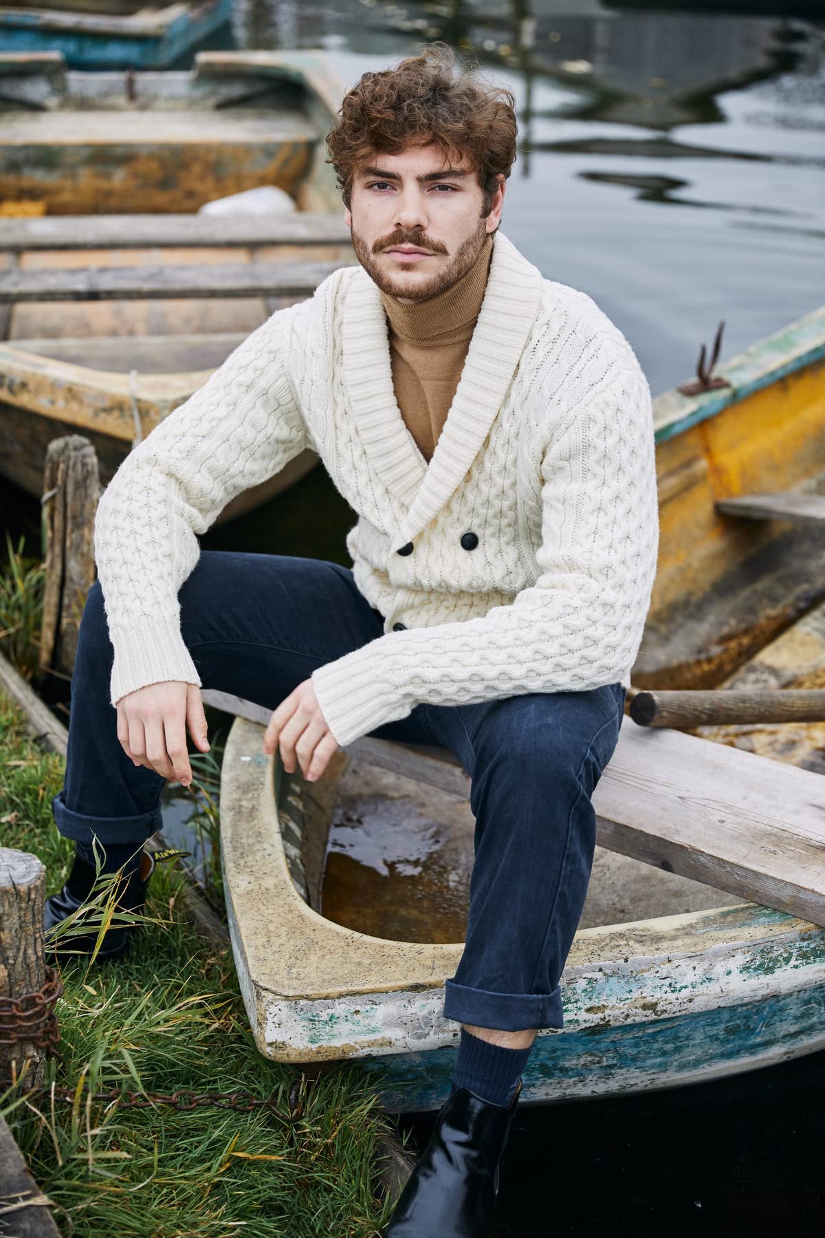 SAOL 100% Merino Wool Double Breasted Shawl Cardigan with Buttons for Men's (US, Alpha, Large, Regular, Regular, Natural)