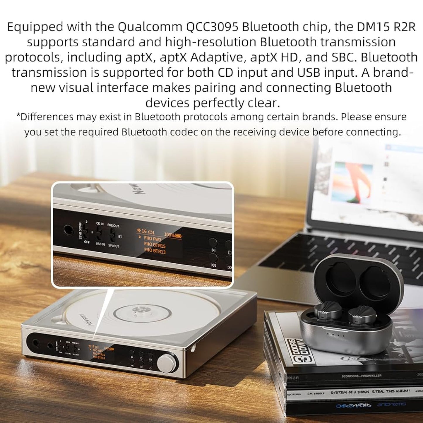 FiiO DM15 Portable Stereo CD Player with True 24Bit R2R DAC, 1150mW+1150mW High-Power Output, aptX Adaptive Bluetooth Transmitter, 24 Sound Presets, USB/CD HiFi Audio, HD Display (Silver)