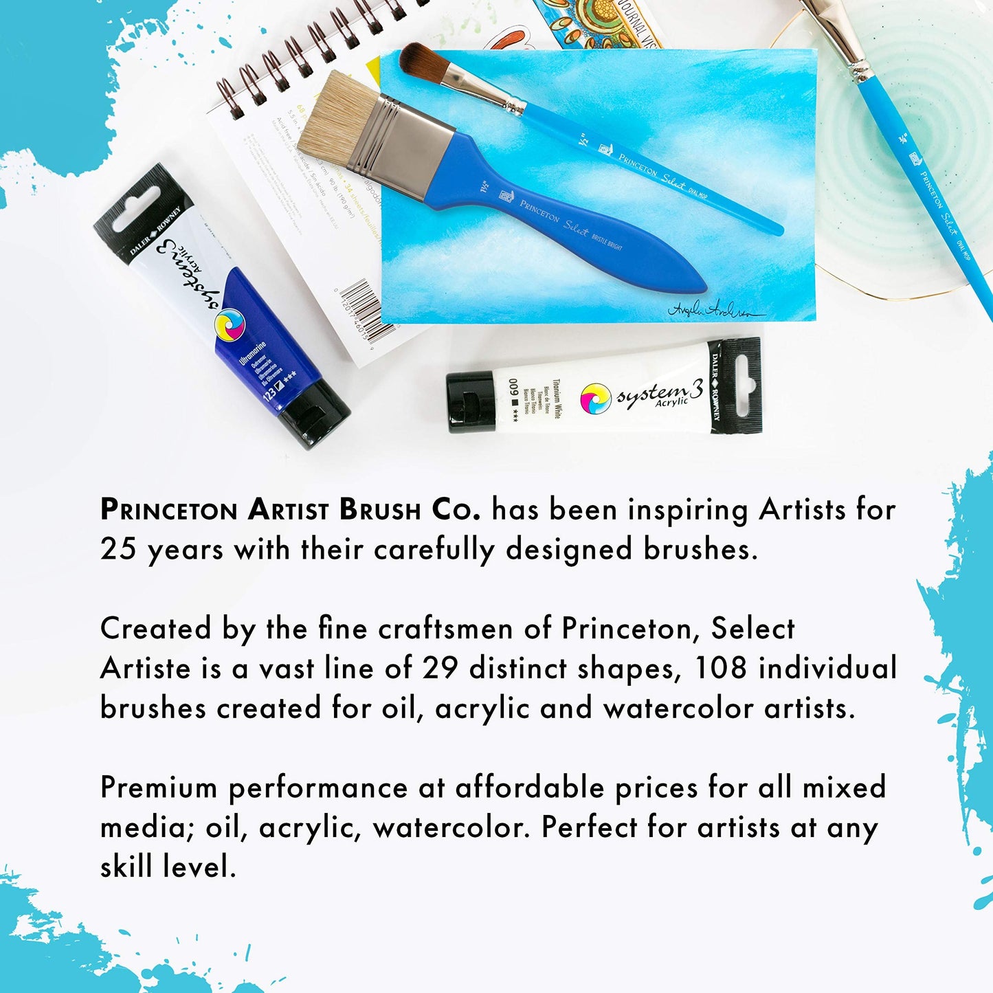Princeton Select Artiste, Series 3750, Paint Brush for Acrylic, Watercolor and Oil, Lunar Blender, 3/8 Inch