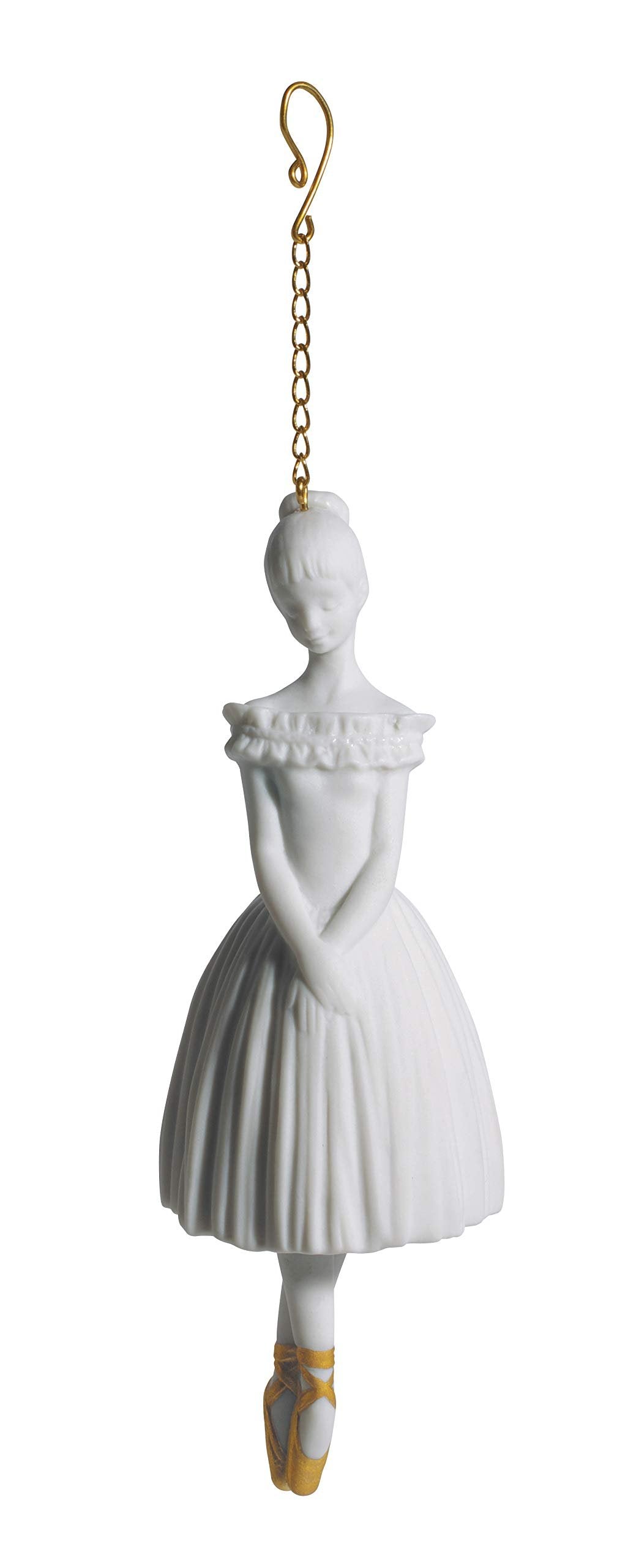 LLADRÓ Ballerina Figure with Chain for Hanging. Christmas Ornament in Matte White Porcelain. Ballet Dancer Hanging Ornament Decorated with Golden Luster.