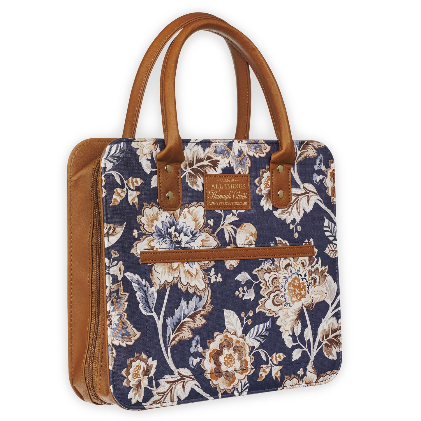 Christian Art Gifts Fashion Vegan Leather Purse Style Bible Cover Case for Women: All Things Through Christ Gold Scripture, Pen Loops, Two Handles, Pockets, Navy Blue & Brown Floral