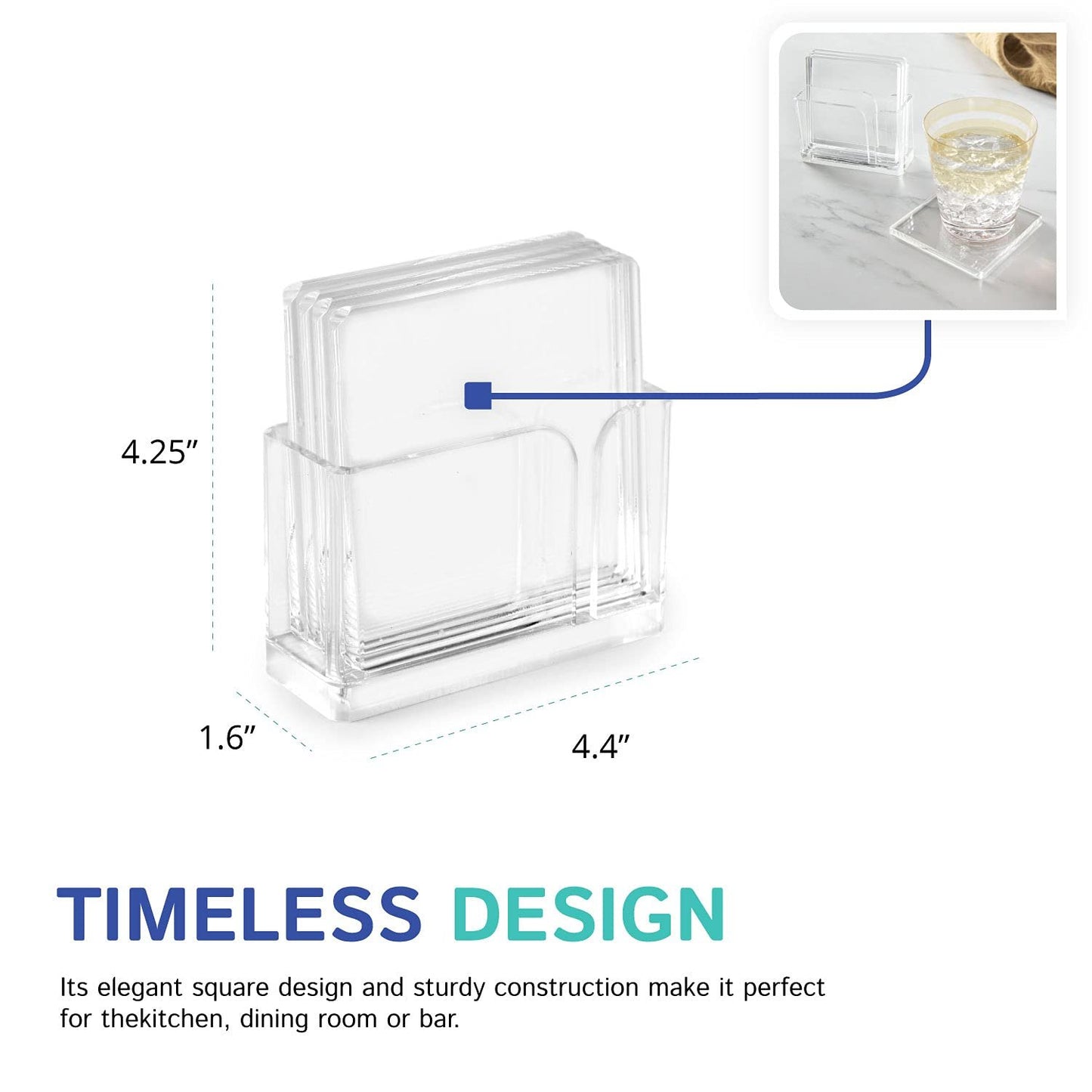 Huang Acrylic Clear 4" Square Coaster Set with Holder for Hot and Cold Beverages to Protect Coffee Table or Furniture