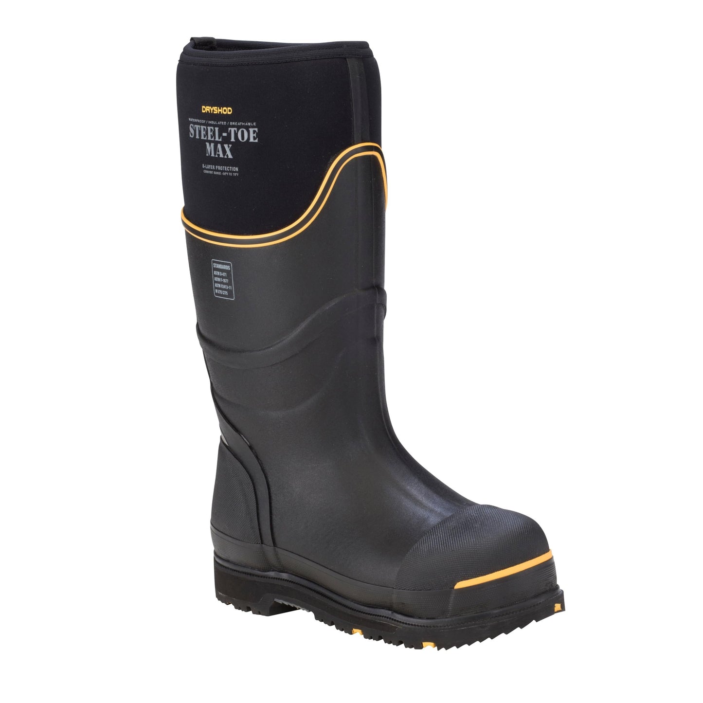 Dryshod Unisex Steel-Toe Max Hi Work Boots | Slip Resistant | Waterproof | Rubber | Black/Yellow