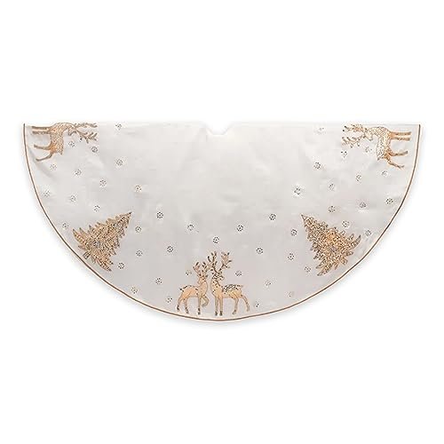 Kurt Adler 72-Inch White Tree Skirt with Gold Glitter Tree and Reindeer Design
