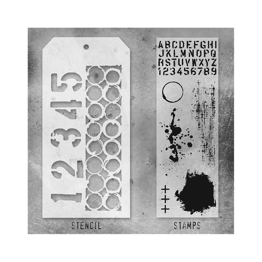 Tim Holtz Collection Stamper's Anonymous Tim Holtz Numbers Alphabet Textures Mixed Media Stamp and Stencil Set THMM122
