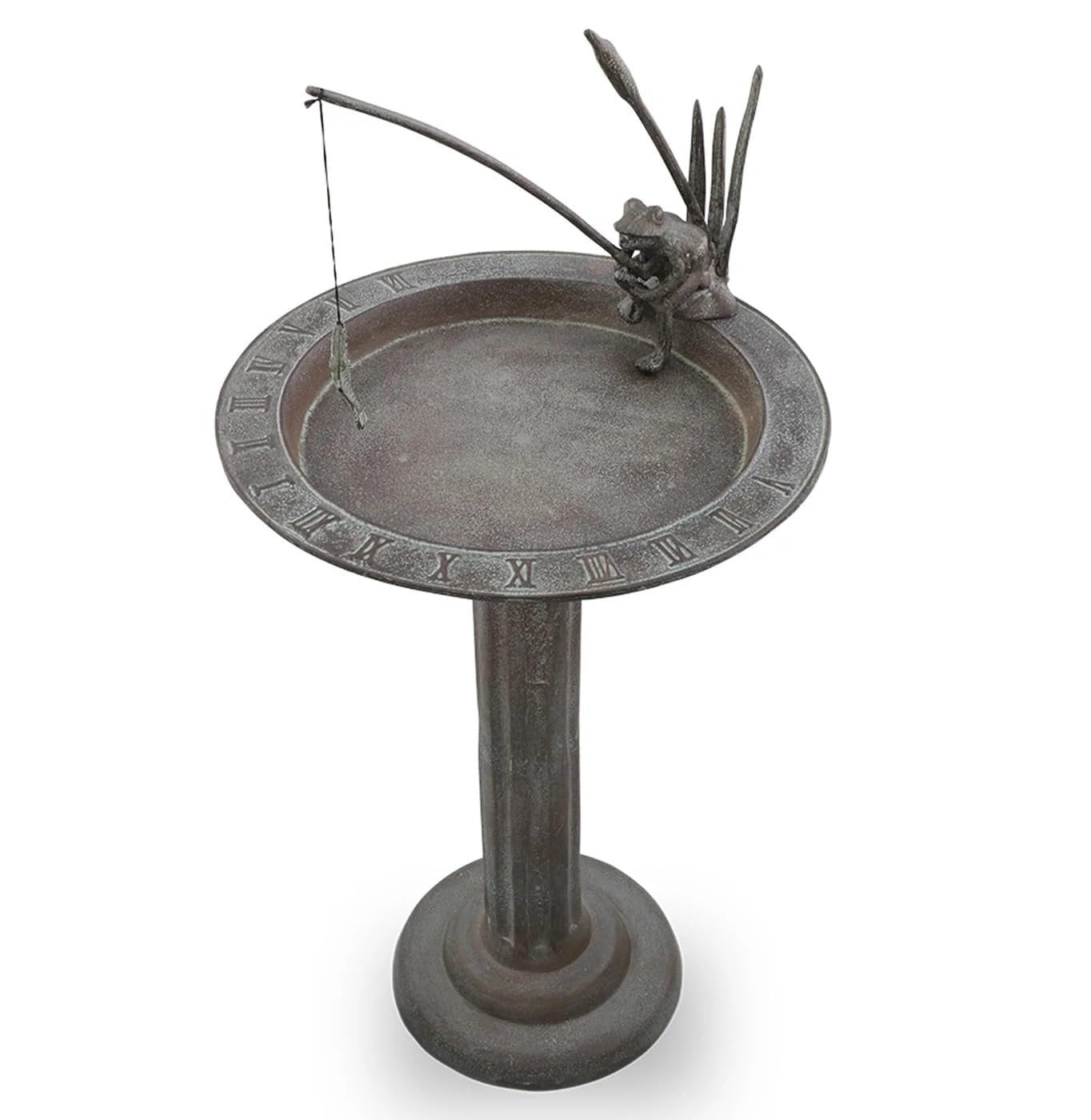 SPI Home Fishing Frog Cast Aluminum SundialBirdbath 31 Inches Tall, bronze