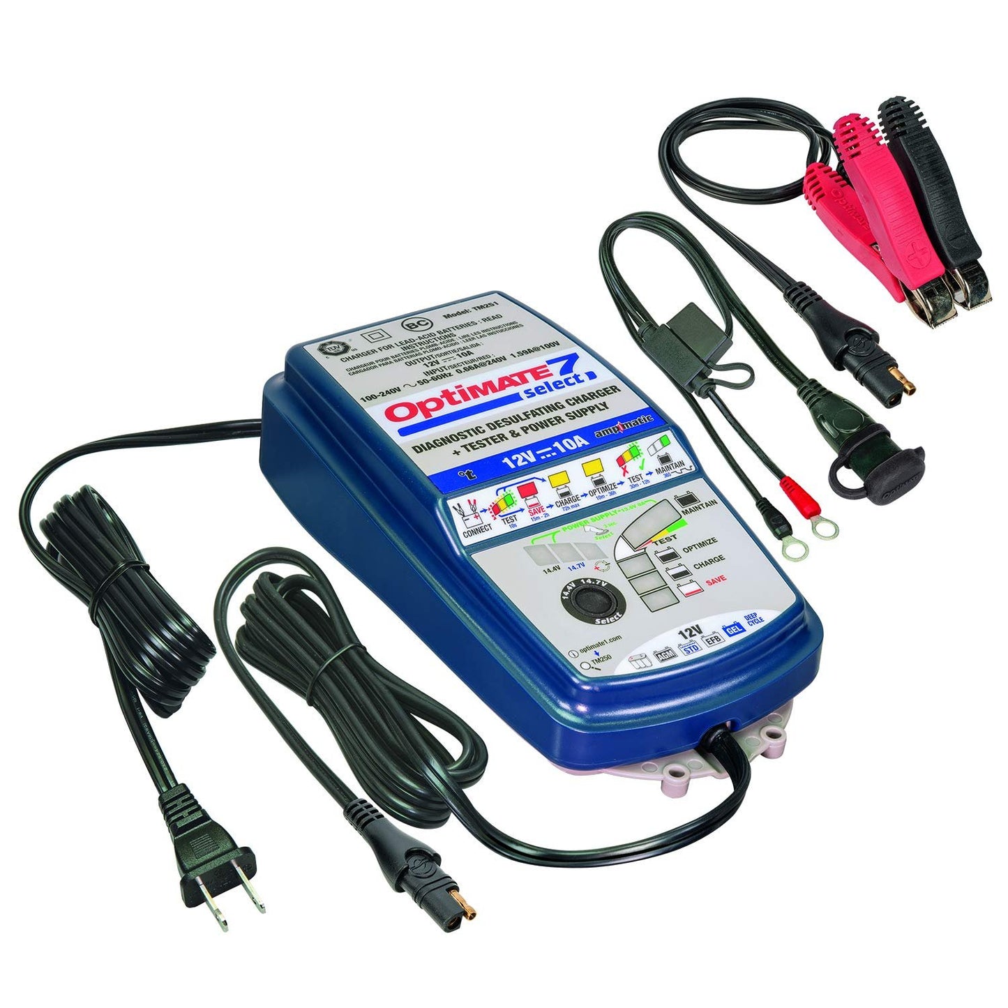 OptiMATE 7 SELECT, TM-251, 9-step 12V 10A sealed battery saving charger & maintainer