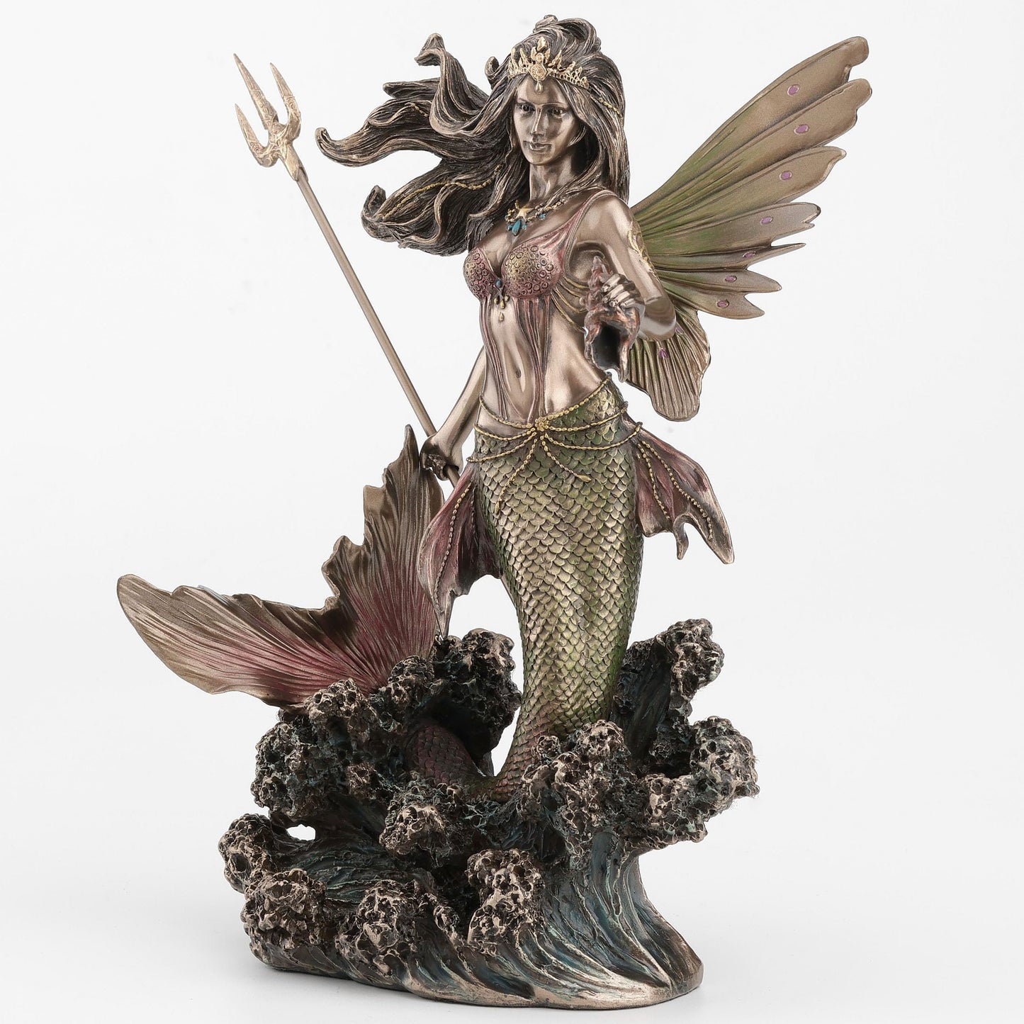 Veronese Design 9 1/8 Inch Queen Mermaid Fairy Holding Trident Cold Cast Resin Bronze Finish Sculpture