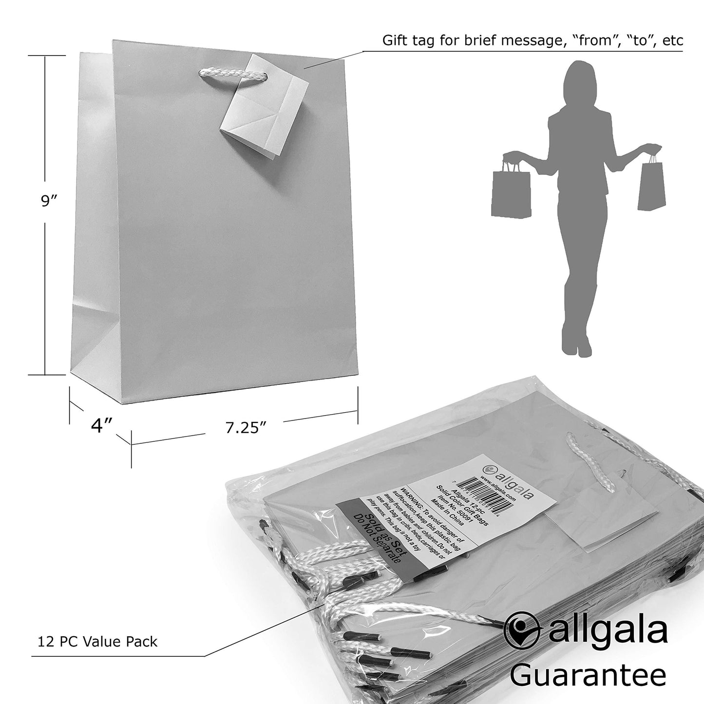 allgala 12PK Value Premium Solid Color Paper Gift Bags
