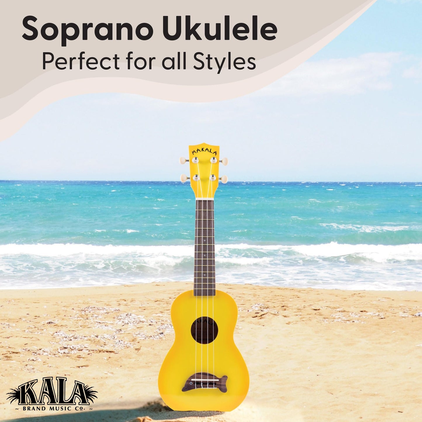 Kala Brand Music Co. Makala Dolphin, 4-String Ukulele, Right, Yellow Burst, Soprano Fun Design, Aquila Strings, & Durable Build