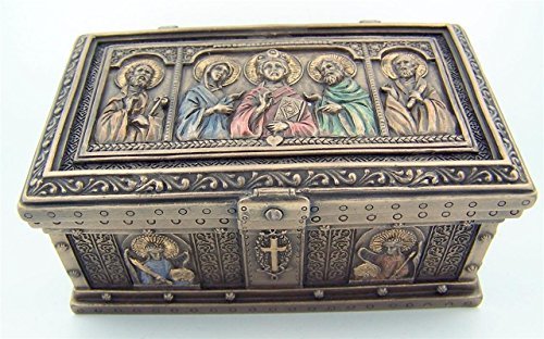 Cold Cast Bronze 4 7/8 Inch Jesus Christ Saint Peter St Paul Icon Relic Rosary Trinket Box