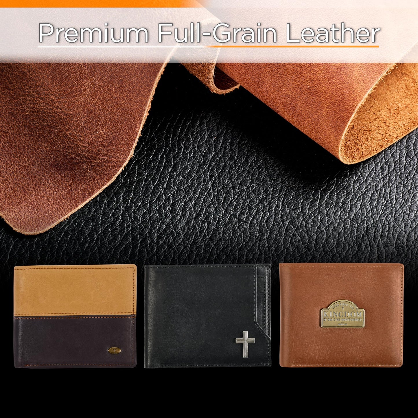 Christian Art Gifts Genuine Premium Full Grain Leather RFID Blocking Silver Engraved Cross Wallet for Men: Multi Pocket Billfold w/Removable ID Window Accessory for Credit Cards, Bills, Photos, Black