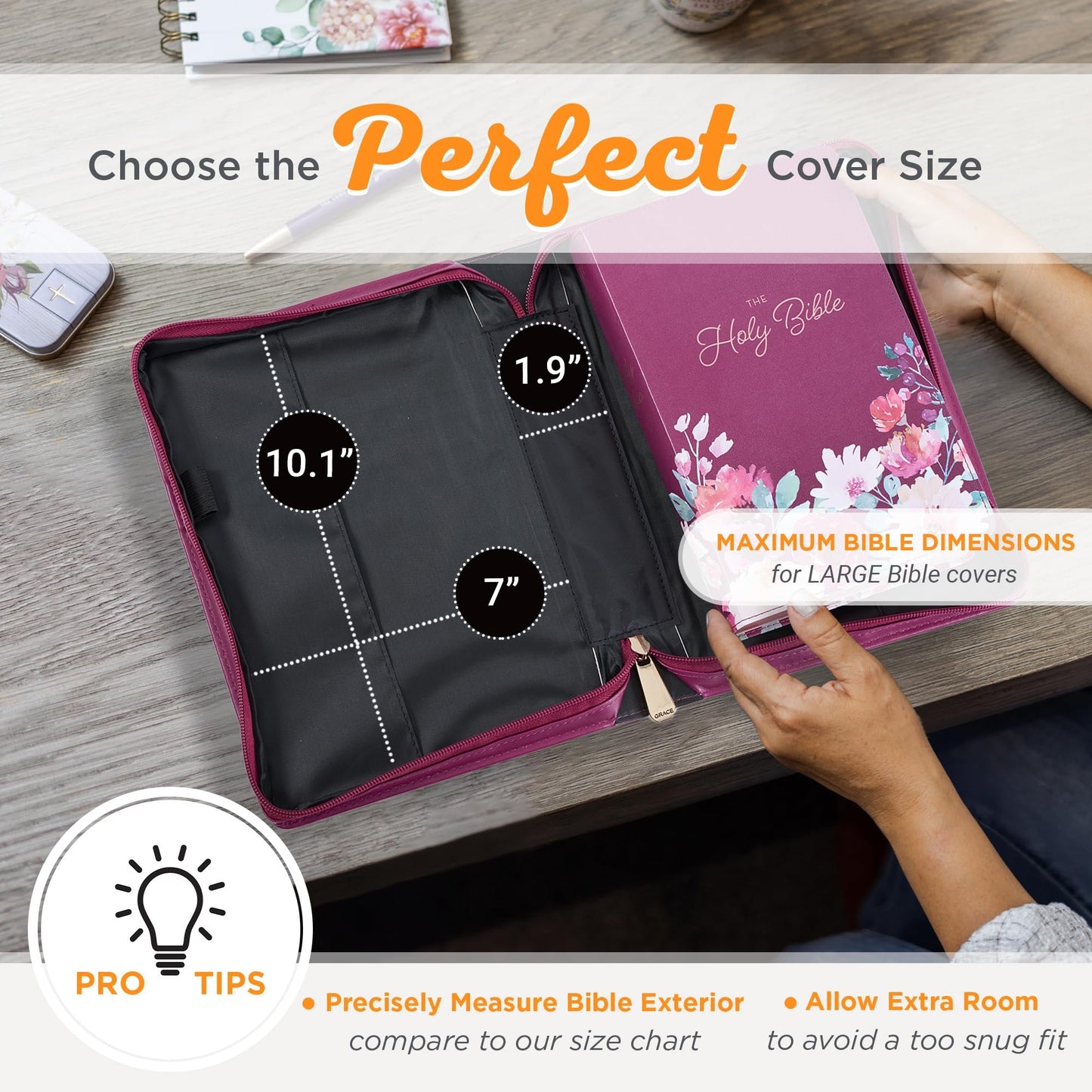 Christian Art Gifts Fashion Vegan Leather Bible Cover Case for Women: Be Still & Know Inspirational Scripture, Sturdy Easy Carry Bag, Pen Loops, Pockets. Stationery Storage, Purple Plum & Pink Floral