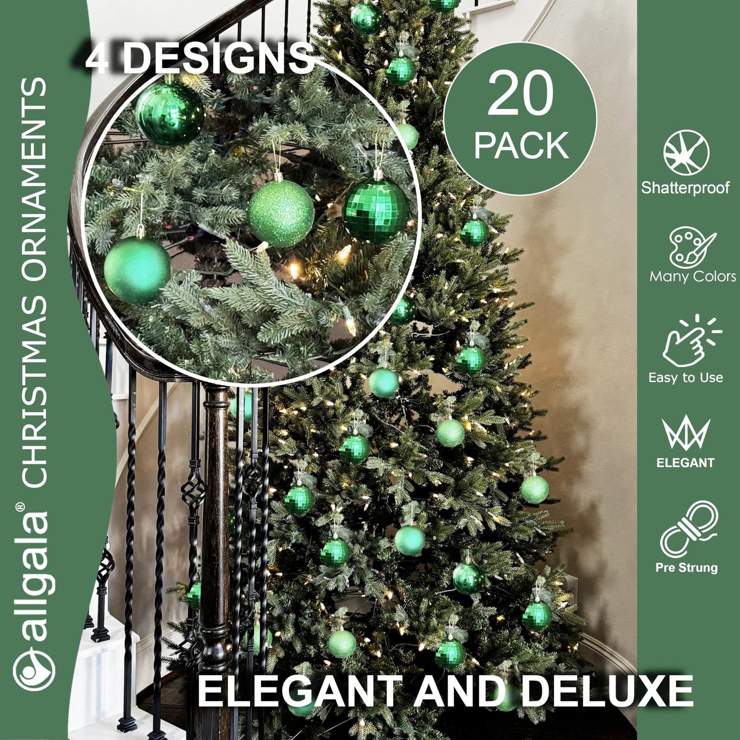 allgala 20 PK 3 Inch (8CM) Large Christmas Ornament Balls for Xmas Tree-4 Style-