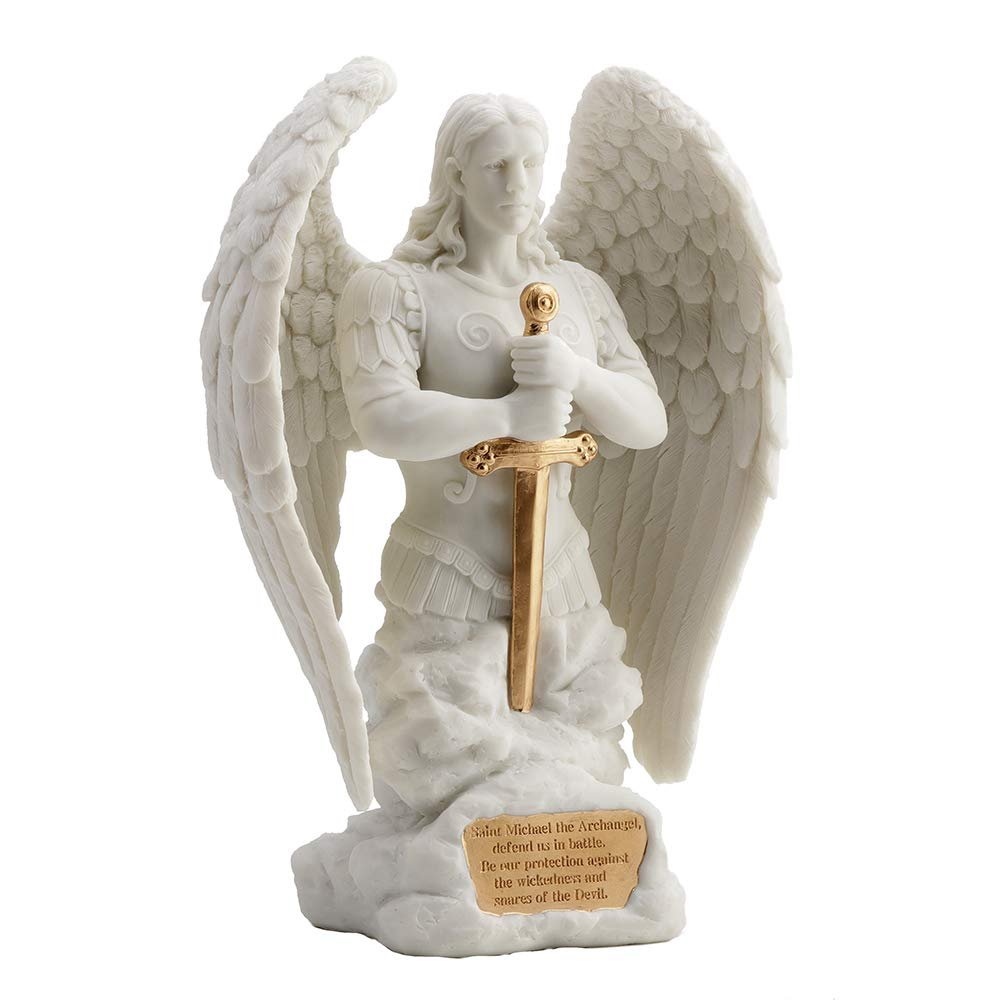Veronese Design 9 1/8 Inch Saint Michael Prayer Archangel Monument Resin Sculpture White Marble Finish with Golden Accent Angel Statue