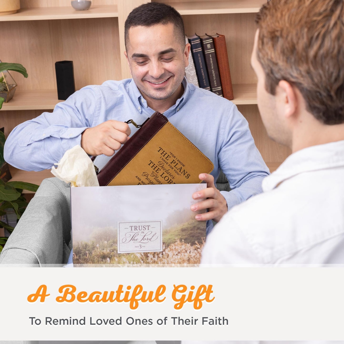 Christian Art Gifts Classic Vegan Leather Bible Cover for Men: I Know The Plans - Inspirational Bible Verse, Sturdy Easy Carry Book Case w/Pen Loops, Brown