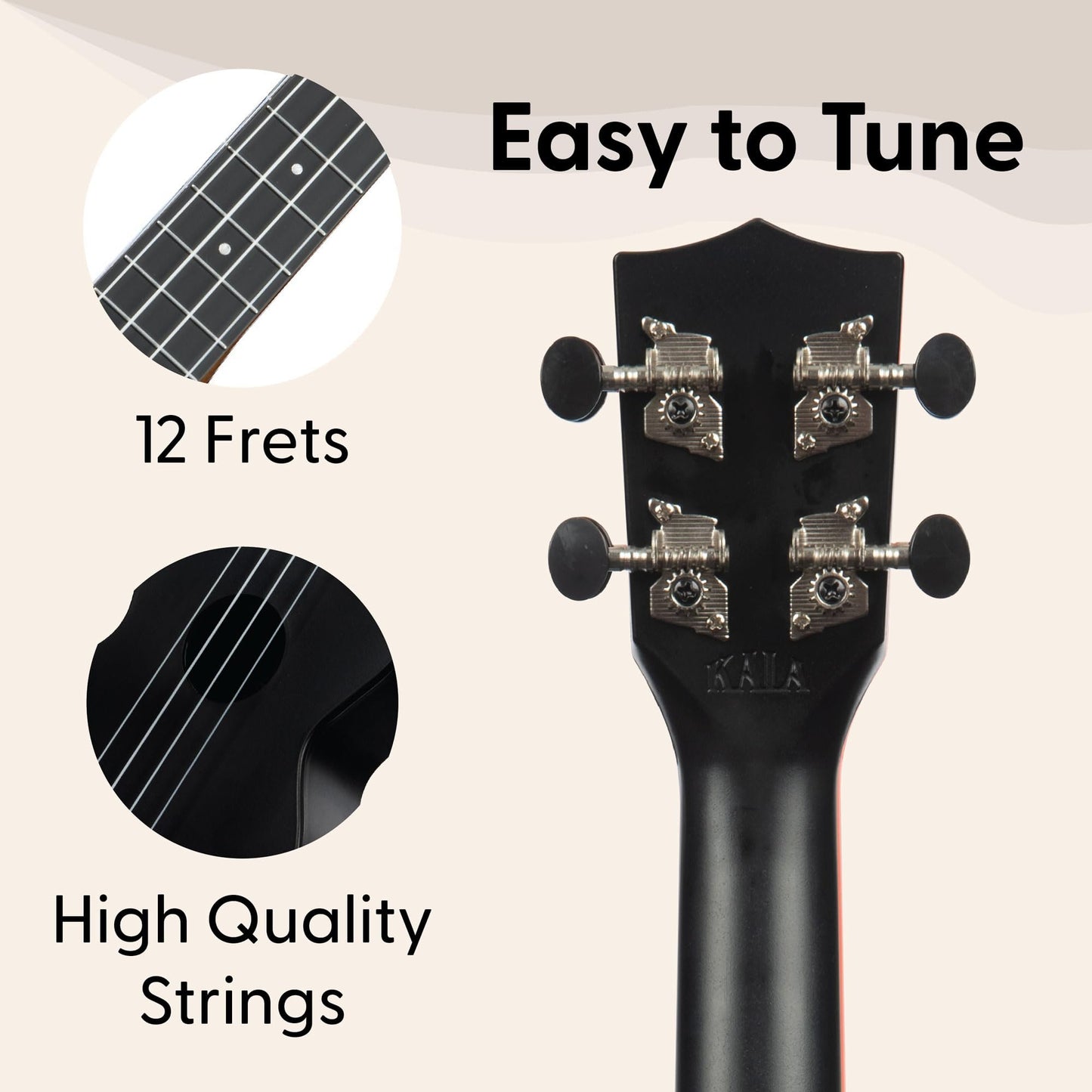 Kala Brand Music Co. The Waterman Beach Collection, 4-String Ukulele, Right, Black Sand, Soprano (KA-WMS-BK-S)