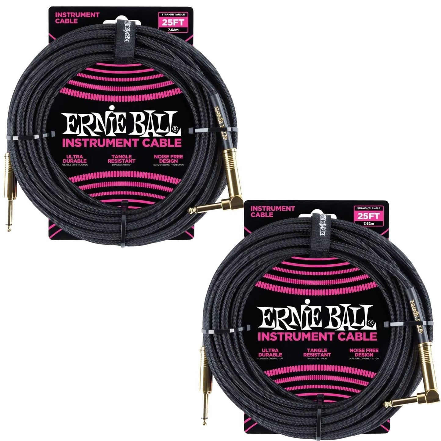 Ernie Ball Braided Instrument Cable Set Straight/Angle Length 25ft in Black (P06058) - Pack of 2