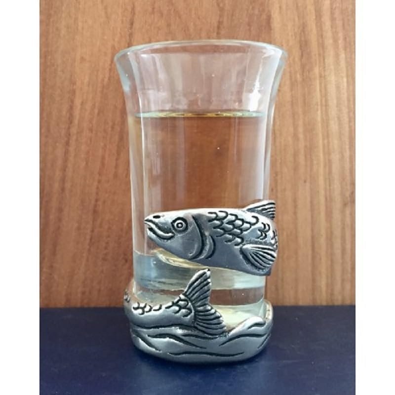 Basic Spirit Shot Glass Fish, 2.25 Inch Height, 1 Ounce, Glass, Pewter, Home Decoration for Home Bar, Stocking Stuffer, Party Favor or Gift