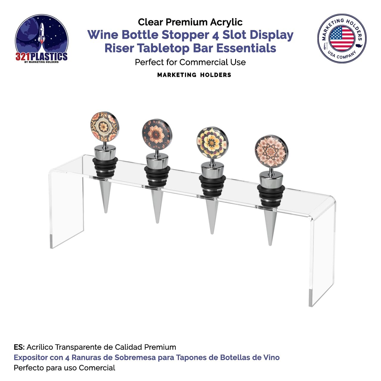 Marketing Holders 2 Pack Acrylic Wine Bottle Stopper Display Clear 4 Slot 9.75 Inch Wide by 2 Inch Deep Bar Organizing Riser with .75 Holes Countertop Pedestal Stand