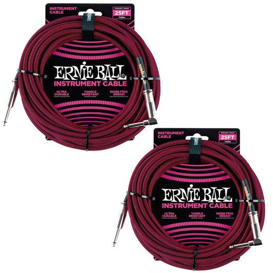 Ernie Ball Braided Instrument Cable Set Straight/Angle Length 25ft in Red/Black (P06062) - Pack of 2