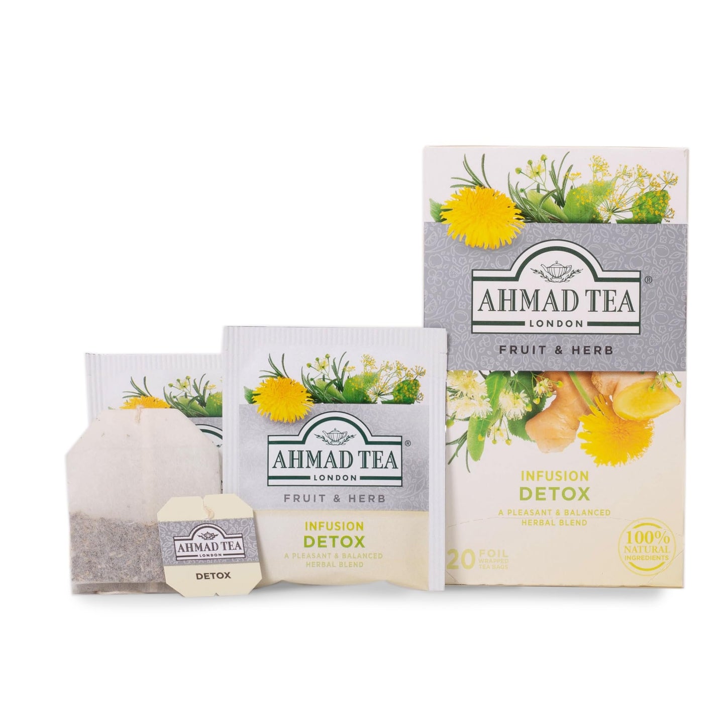 Ahmad Tea Herbal Tea, Ginger, Peppermint, Fennel, Dandelion, & Birch 'Detox' Teabags, 20 ct (Pack of 1) - Decaffeinated & Sugar-Free