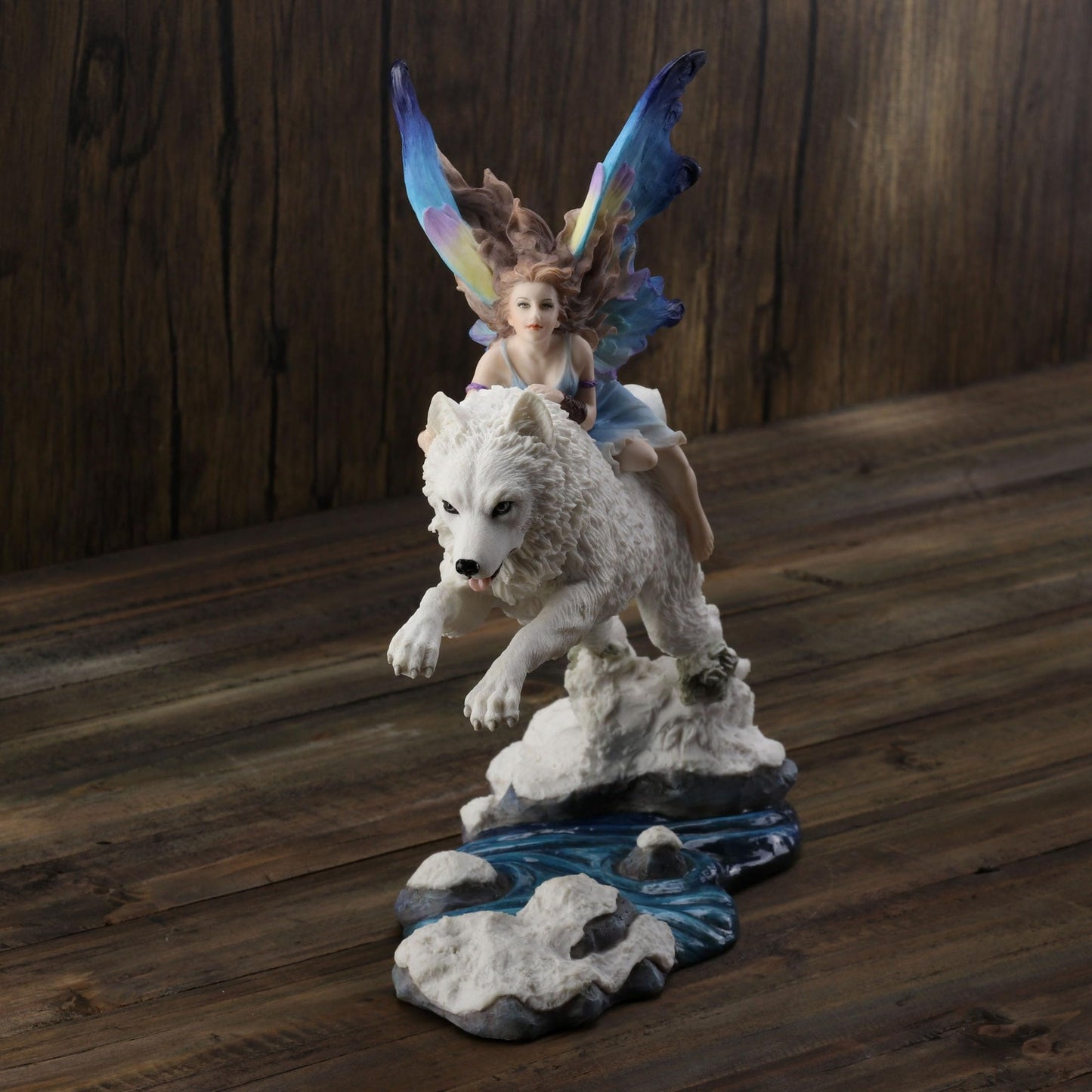 Unicorn Studio Fairy Riding On Leaping Arctic White Wolf Hand Painted Resin Figurine