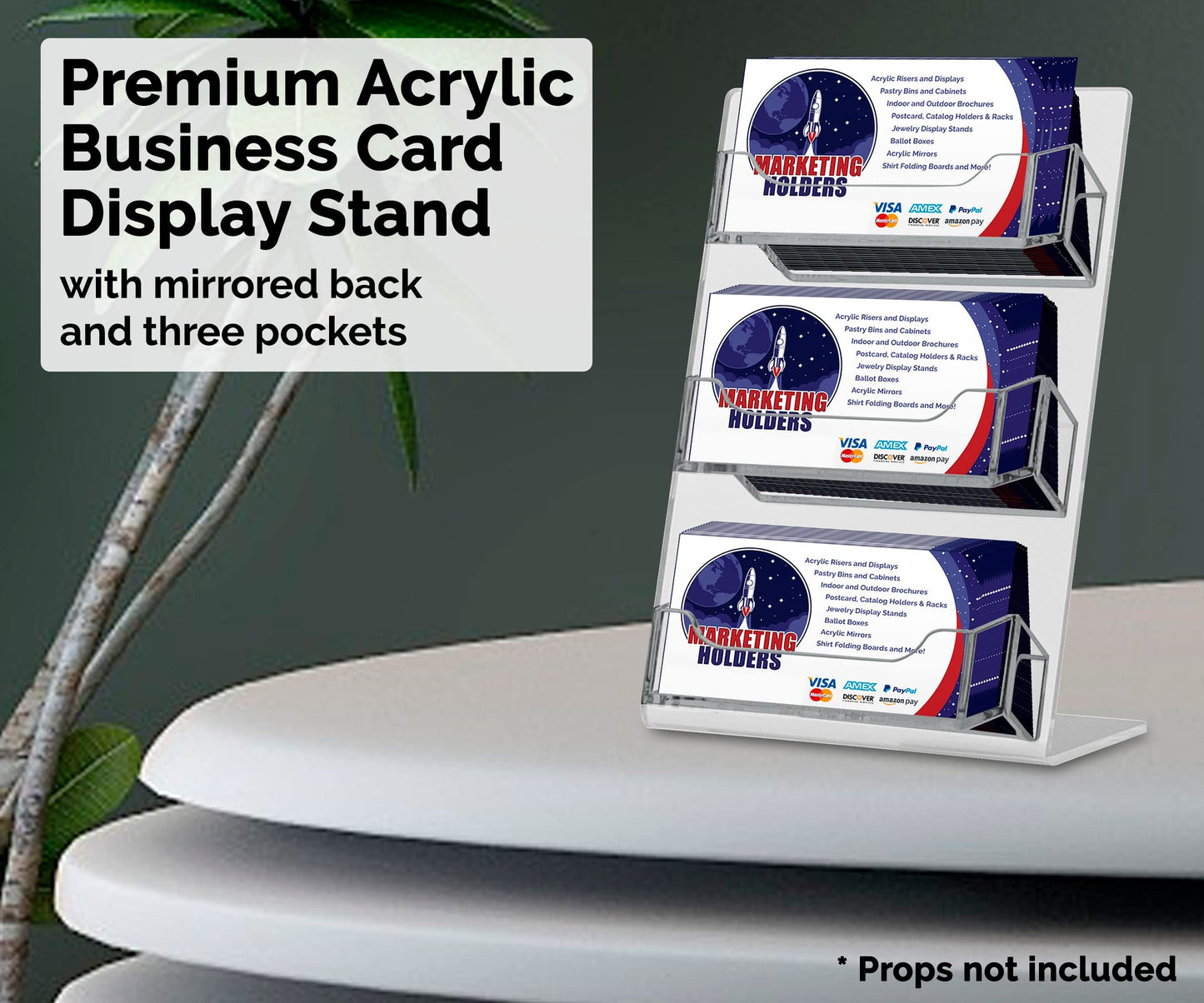 Slant Back Mirror 3 Pocket Business Card Holder Organizer Display Hair Salons Boutiques Trade Shows Expos Reflections by Marketing Holders