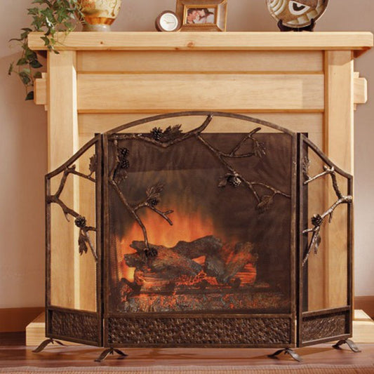 SPI Home Pinecone 3 Panel Cast Iron Fireplace Screen