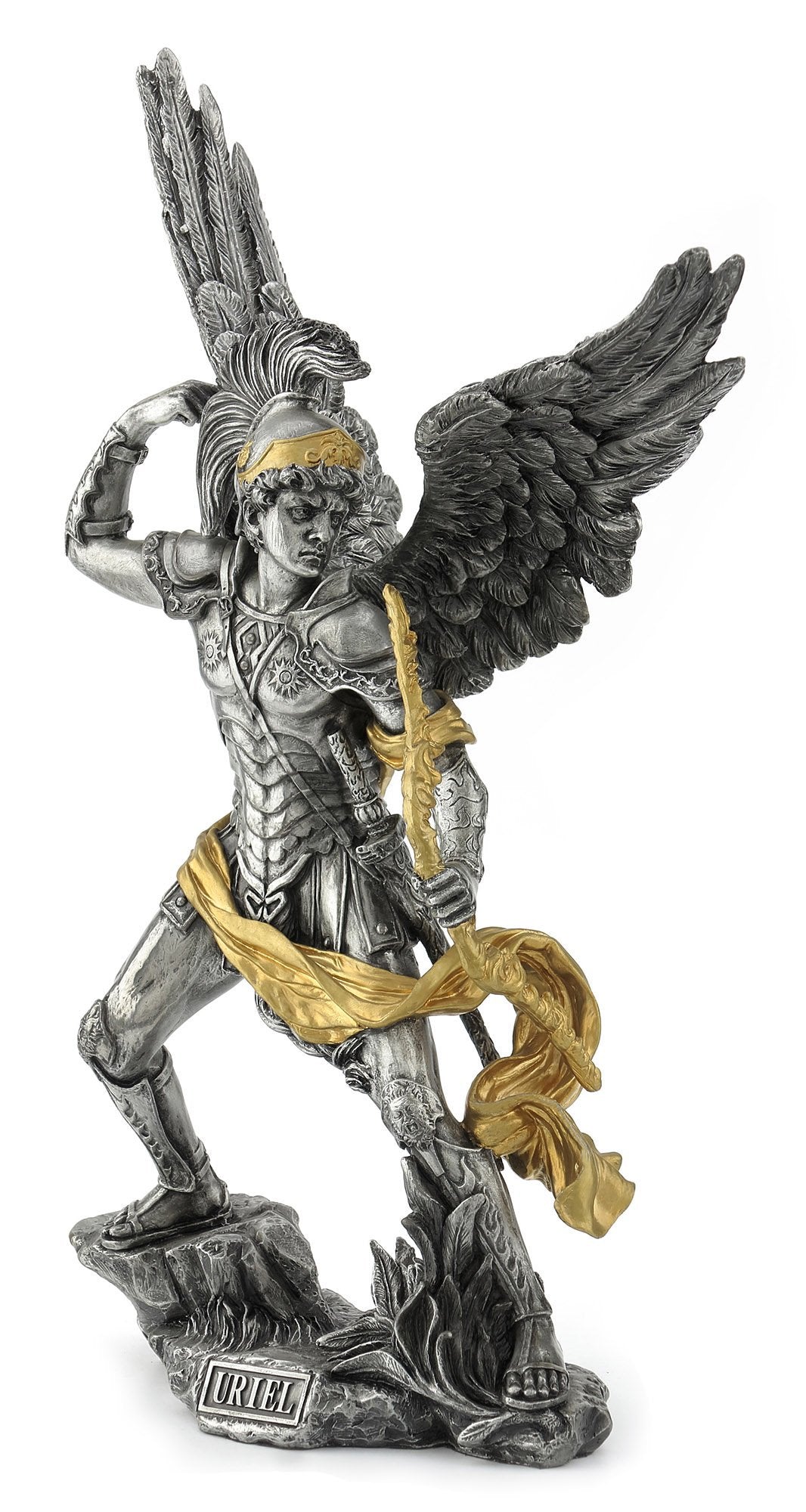 13.38 Inch Archangel Uriel Decorative Figurine, Pewter and Gold Color
