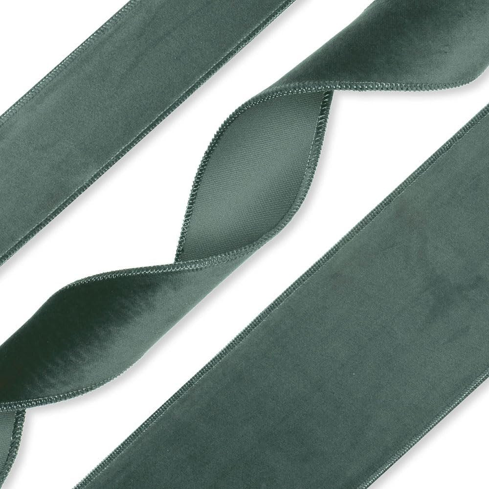 FloristryWarehouse Sage Green Christmas Velvet Fabric Ribbon 2 inches Wide on 9 Yards roll. Wired Edge