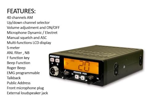 President Adams FCC CB Radio. Large LCD with 7 Colors, Programmable EMG Channel Shortcuts, Roger Beep and Key Beep, Electret or Dynamic Mic, ASC and Manual Squelch, Talkback