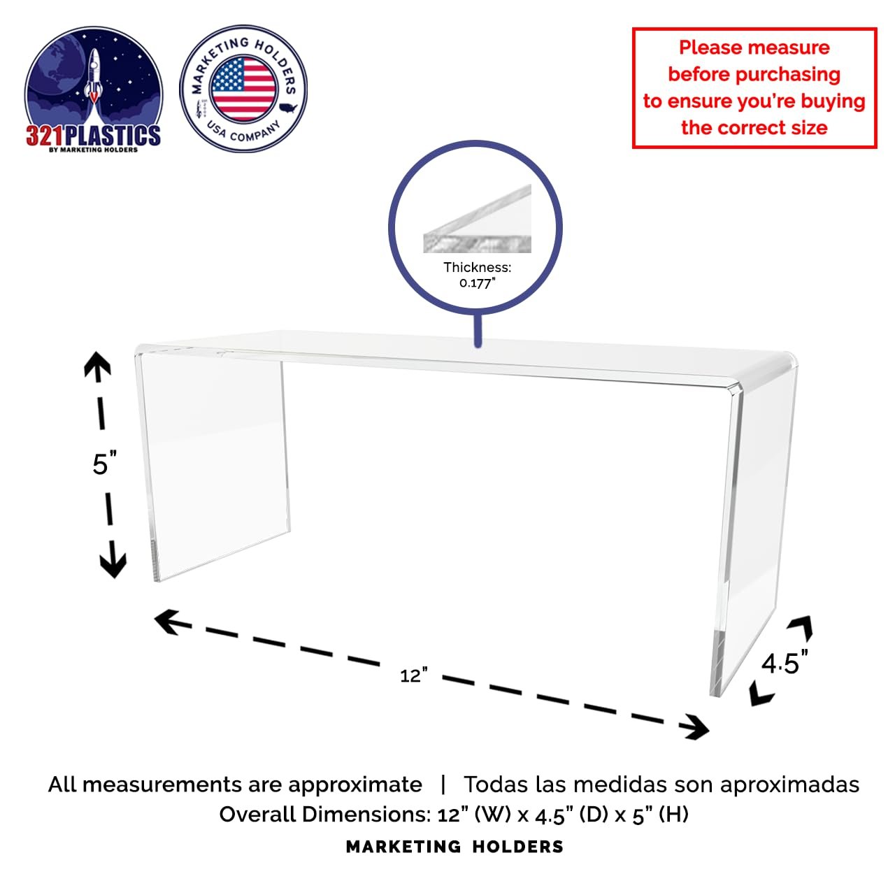 Marketing Holders Acrylic Riser Display Stand Platform Clear 12 Inch Wide by 4.5 Inch Deep Rectangular Tabletop Showcase Pedestal for Collectible Merchandise Firgures and Figurines