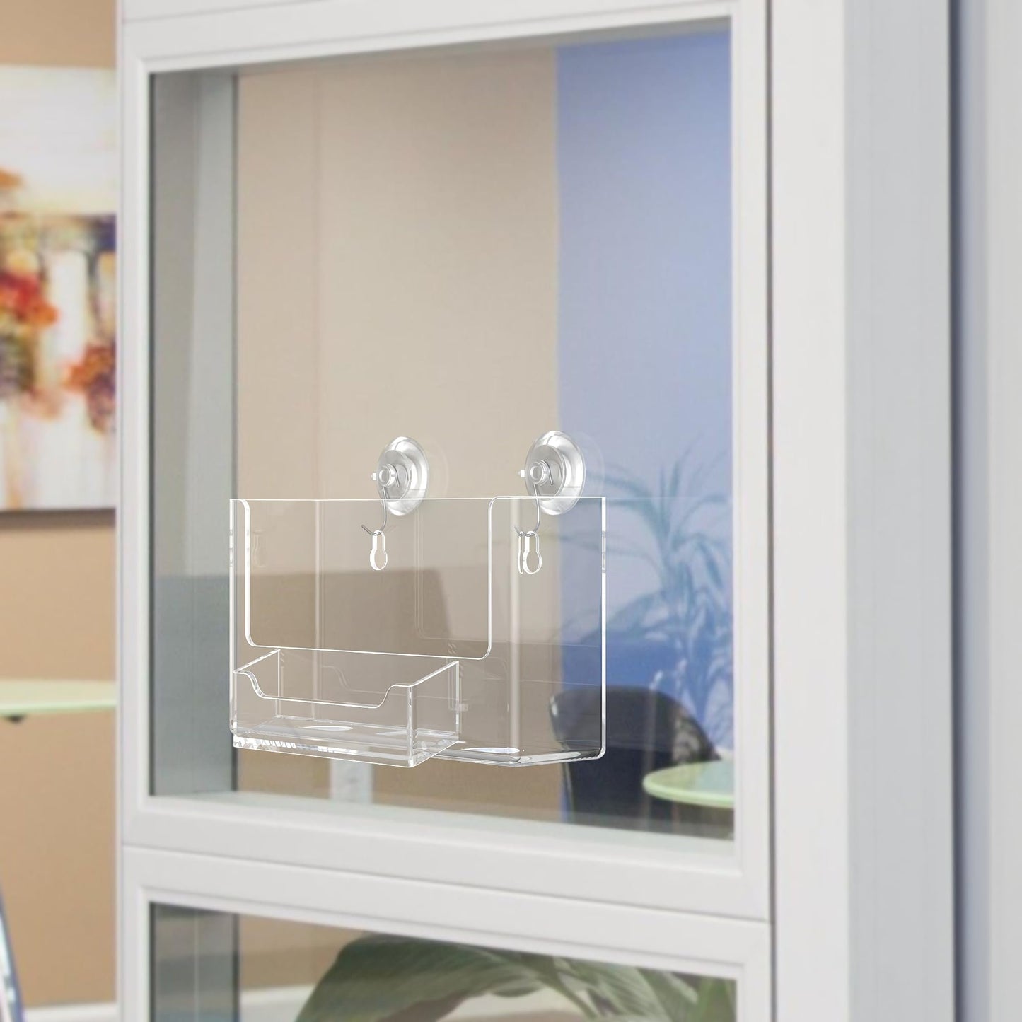 Postcard Holder with Suction Cup Hooks Window Mount Holds 6 Inch Wide Advertisements and 3.5" x 2" Business Cards Clear Acrylic Organizer for Tradeshows Expos and Conventions by Marketing Holders