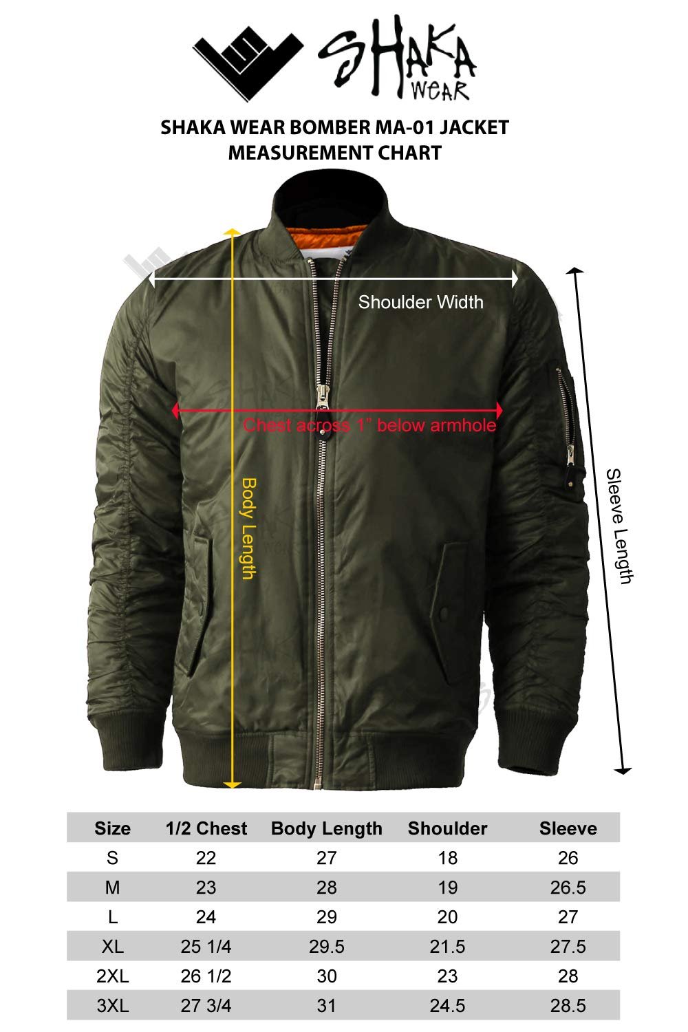 Shaka Wear Men's Flight Jackets – Casual MA-1 Bomber Coat Windbreaker Full Zip Fully Lined Regular and Bigs S~3XL