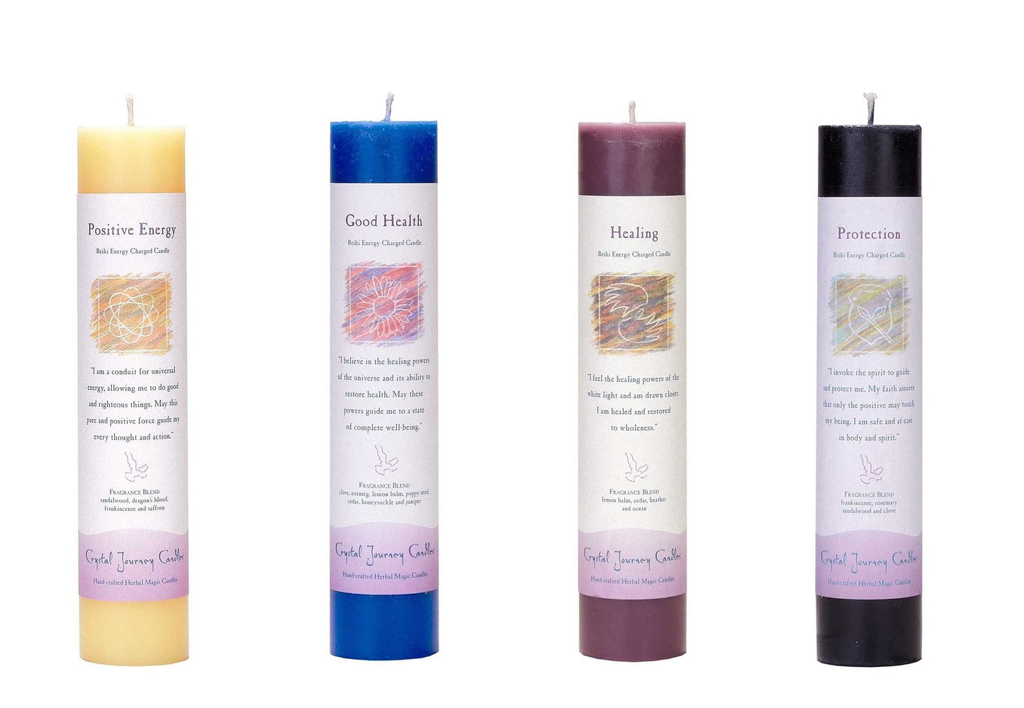 Crystal Journey Reiki Charged Herbal Pillar Candle with Inspirational Labels - Bundle of 4 (Positive Energy, Good Health, Healing, Protection) Each 7"x1.5" Handcrafted with Lead-Free Materials