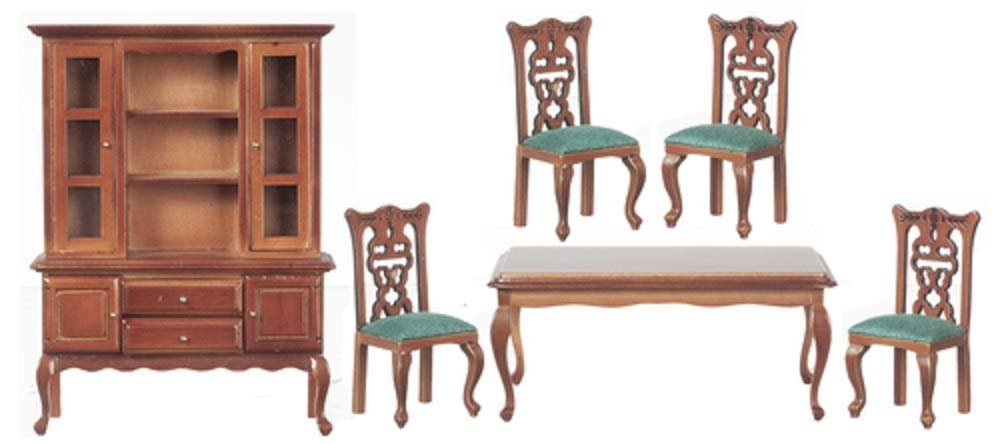Melody Jane Dollhouse Walnut & Green Dining Room Furniture Set with Dresser Table & Chairs
